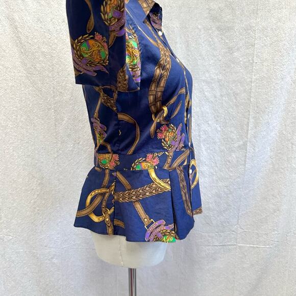 Lauren Ralph Lauren navy equestrian horse bit  button up peplum shirt size 4 - Picture 11 of 16